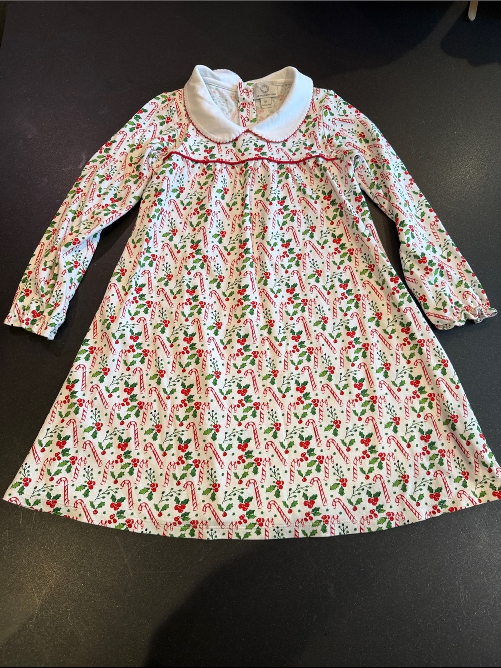 Girls White Holiday Candy Cane Print Long-Sleeve Pima Cotton Dress
